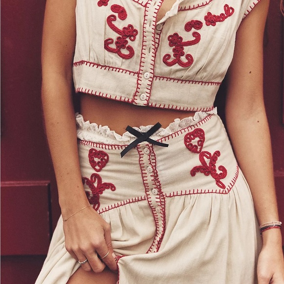 Free People Dresses & Skirts - Free People Cream and Red Embroidered Dress “Wild At Heart” set